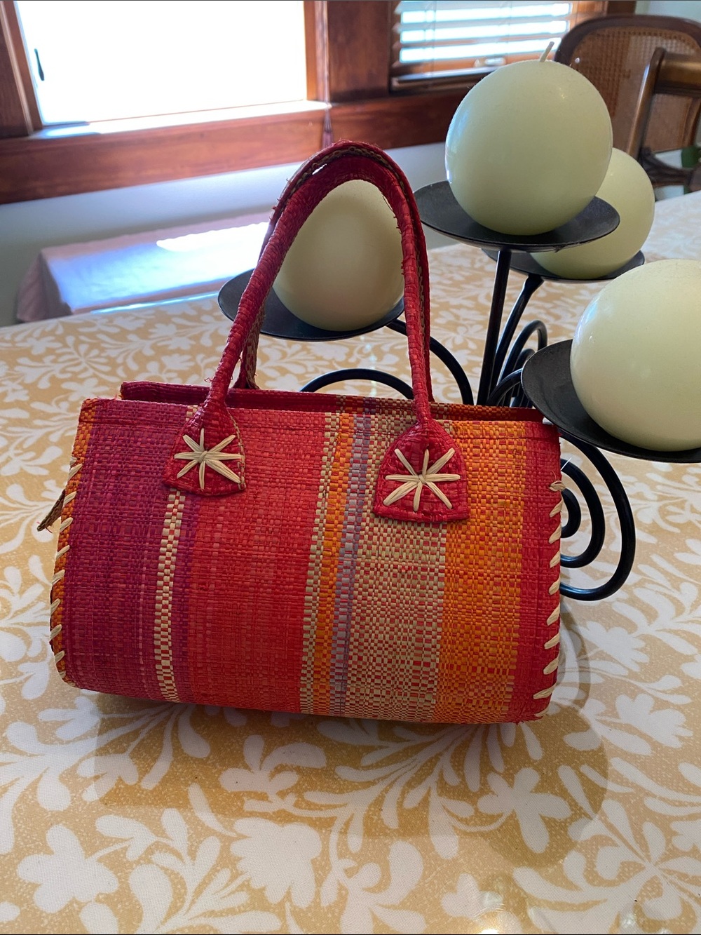 Handwoven Red & Orange Straw Tote Bag
